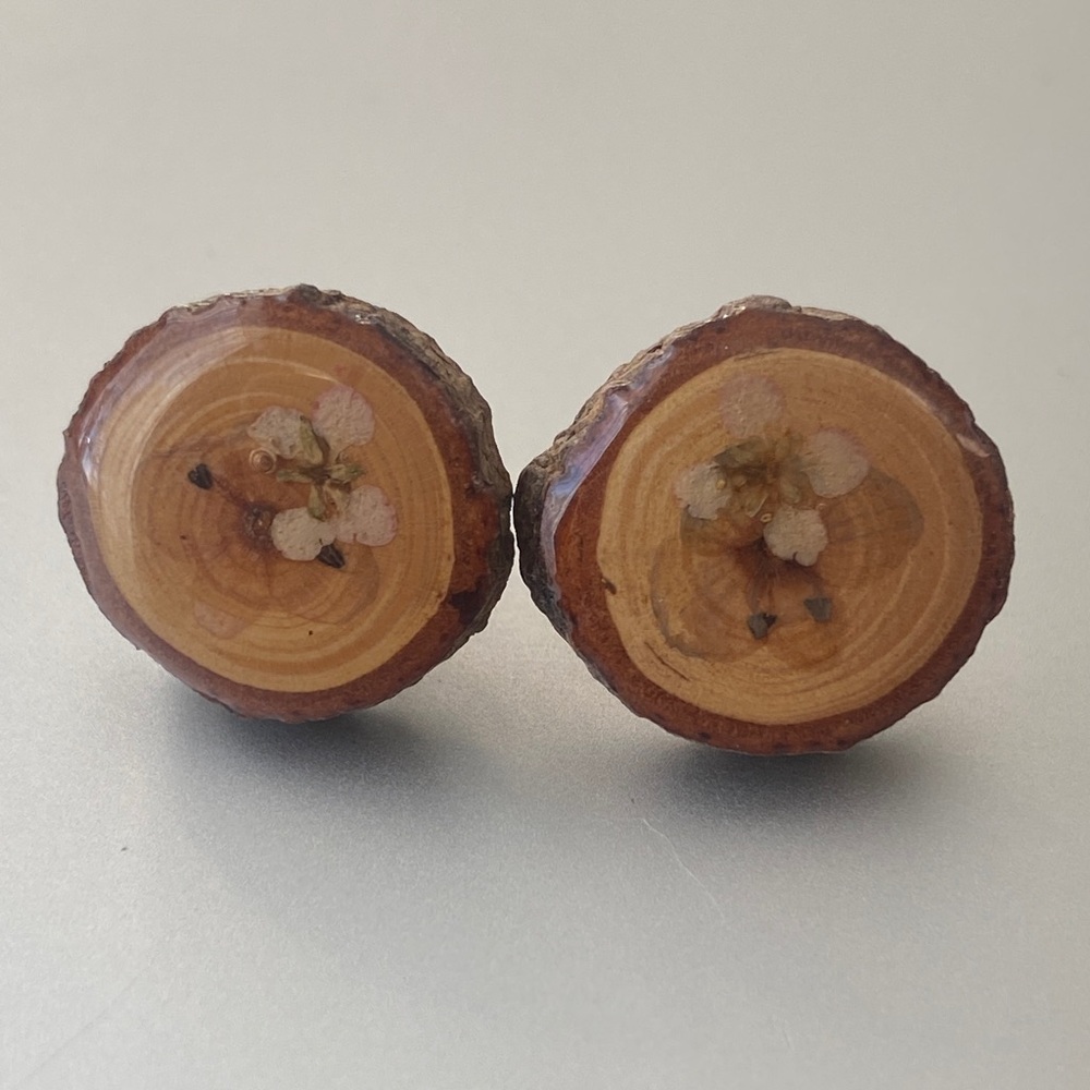 Vintage 60s genuine wood slice lacquer whimsical pierced Earrings